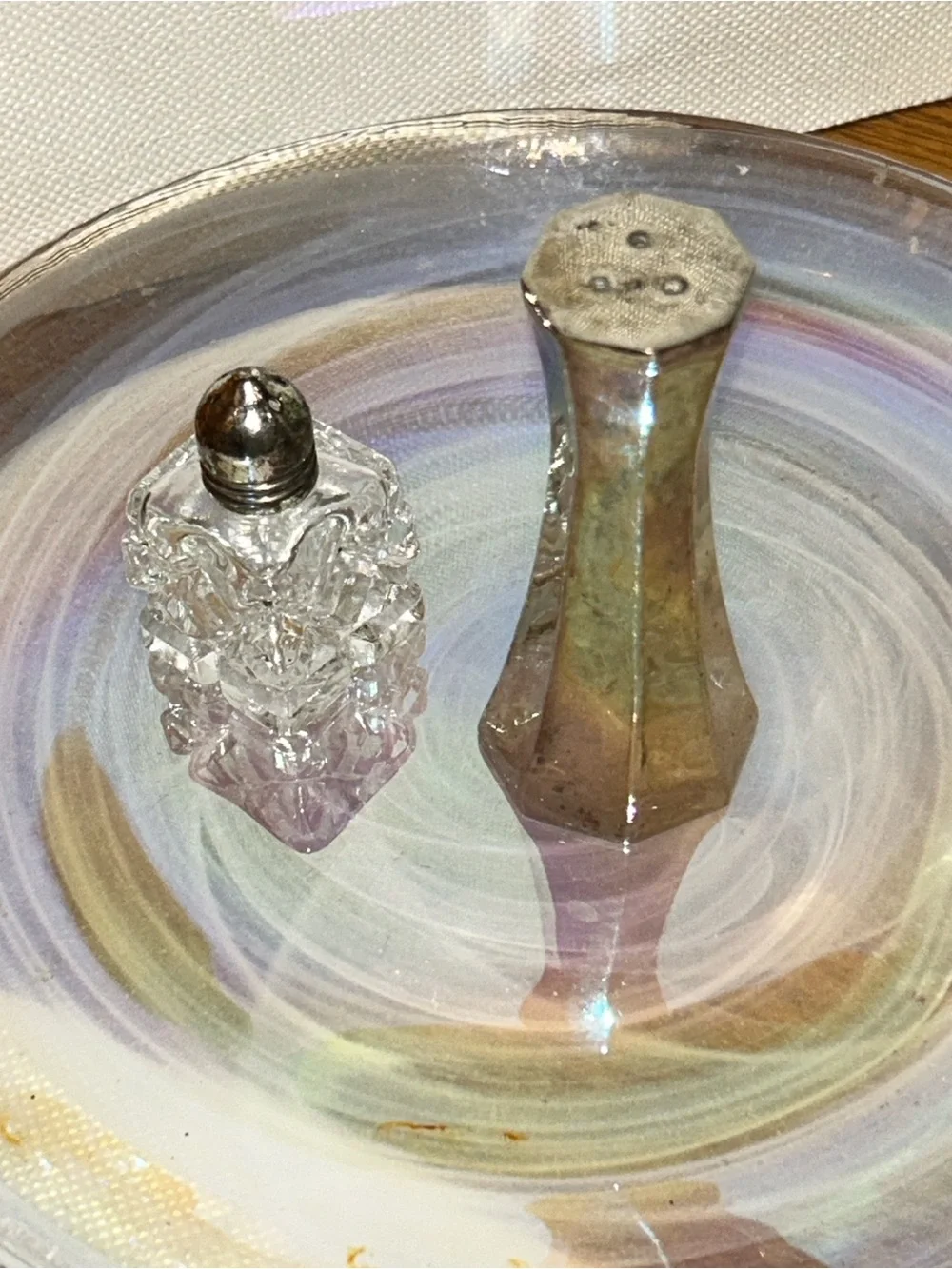 Mini Cut Glass Glass Salt Shaker Silver Top Silver Plated Shaker Mismatched Set